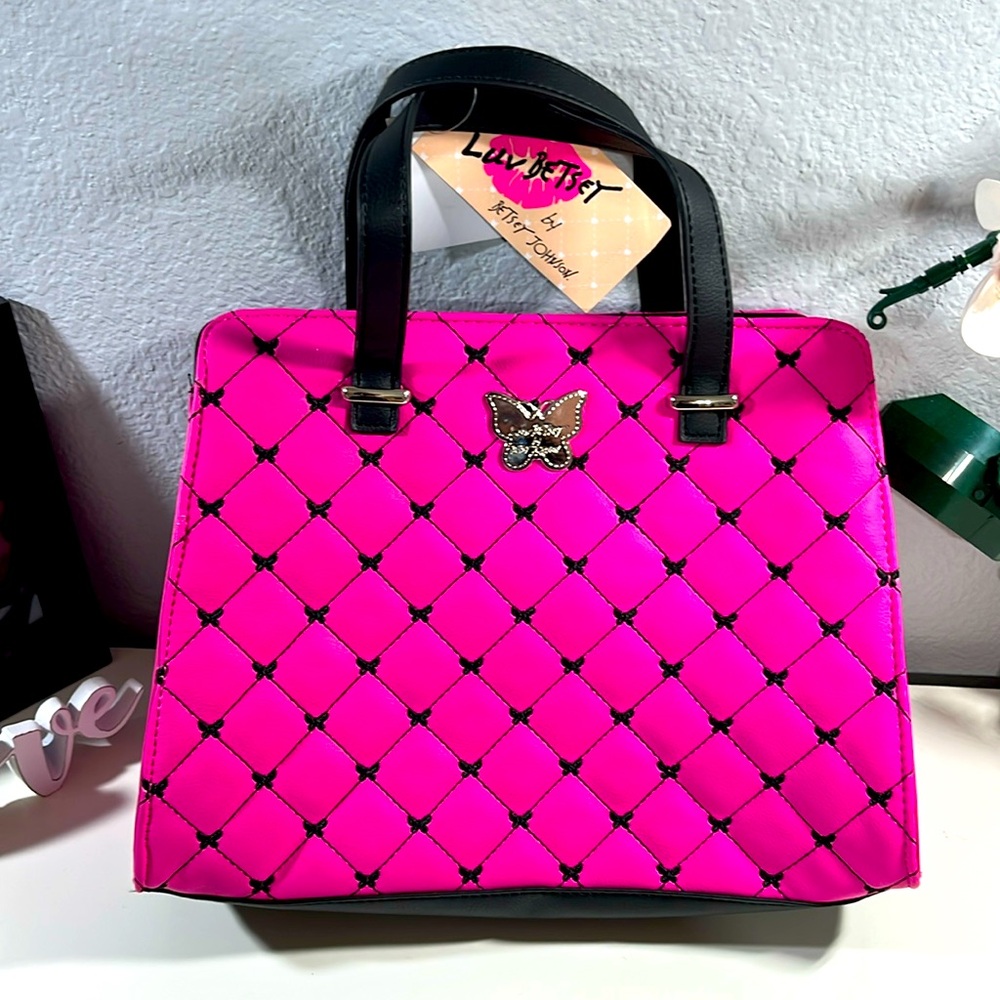 Betsey Johnson Hot Pink Quilted Satchel with Black Handles and Butterfly Accent